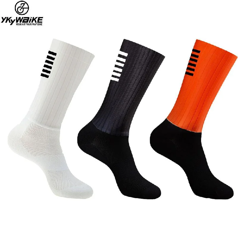 YKYW Cycling Running Anti Slip Silicone Aero Sport High Socks Six Bars Pattern Design Wicking Antibacterial Durable 10 Colors